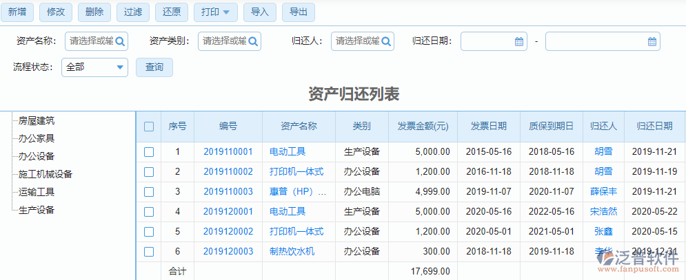 固定资产归还登记表_建筑工程企业管理系统_泛普软件